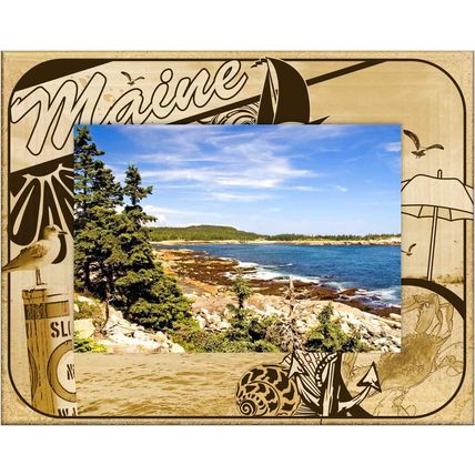 Maine with Seashell Laser Engraved Wood Picture Frame Landscape (3 x 5)