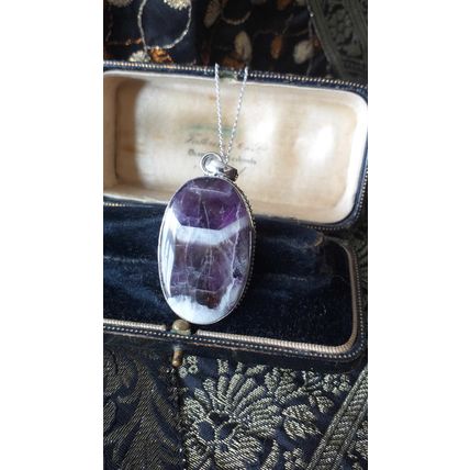 Vintage 1990-s 925 Silver Large Raw Amethyst Pendant on 20 inch Chain