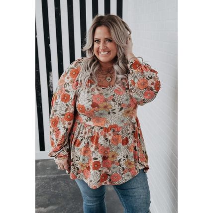 Khaki Plus Size Flower Print Square Neck Peplum Blouse