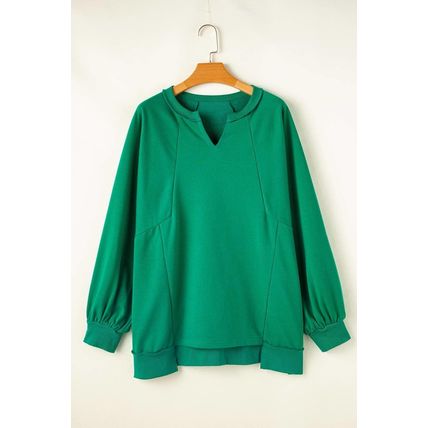 Bright Green Exposed Seam Notched Neck Drop Shoulder Plus Sweatshirt