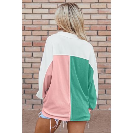Pink Colorblock Ribbed Collared Oversized Sweatshirt