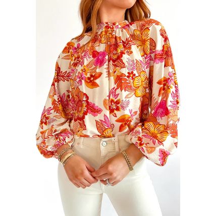 Orange Floral Print Pearl Button Keyhole Long Puff Sleeve Blouse