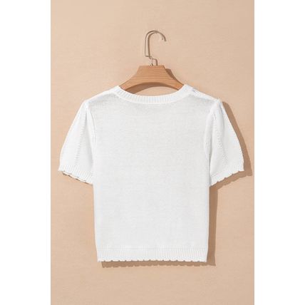 White Pointelle Knit Short Puff Sleeve Crewneck Sweater