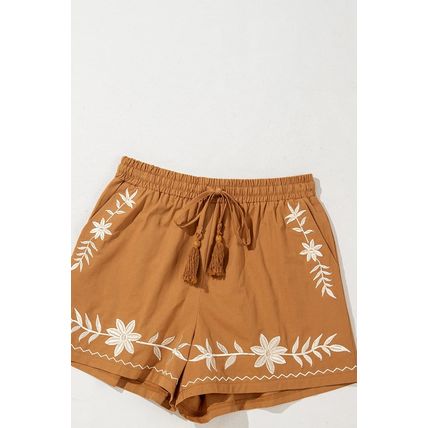 Khaki Embroidered Boho Tasseled Drawstring Elastic Waist Casual shorts