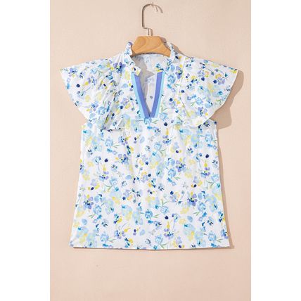 Sky Blue Floral Print Frilled Notched V Neck Blouse