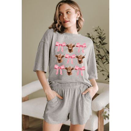 Gray Western Cow Head Bow Print Loose Fit Two Piece Shorts Set