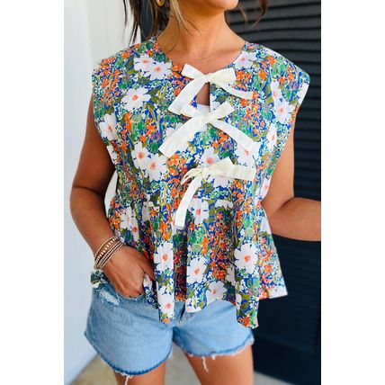 Green Floral Print Bow Applique Slit Sleeveless Peplum Blouse