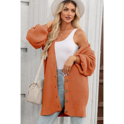 Gold Flame Button Front V Neck Chunky Cardigan Sweater