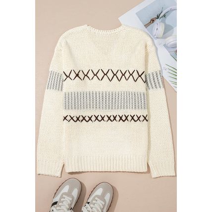 Parchment Contrast Stitch Detail V Neck Drop Shoulder Sweater