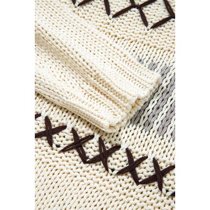 Parchment Contrast Stitch Detail V Neck Drop Shoulder Sweater