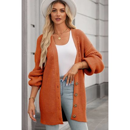 Gold Flame Button Front V Neck Chunky Cardigan Sweater
