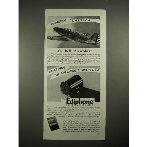1940 Ediphone Voicewriter Ad w/ Bell Airacobra Plane