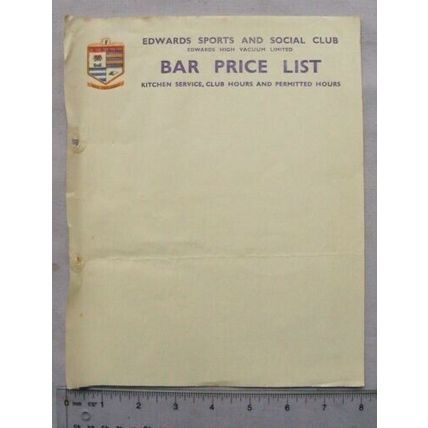 1960s unused Edwards High Vacuum Sports & Social Club bar price list notepaper