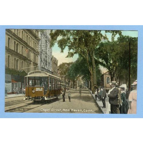 CT New Haven Chapel St Street Scene w/Trolley Tracks 3 Trolley Cars People~550