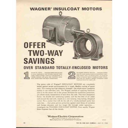WAGNER ELECTRIC CORP 1962 Insulcoat motors sealed epoxy vintage ad