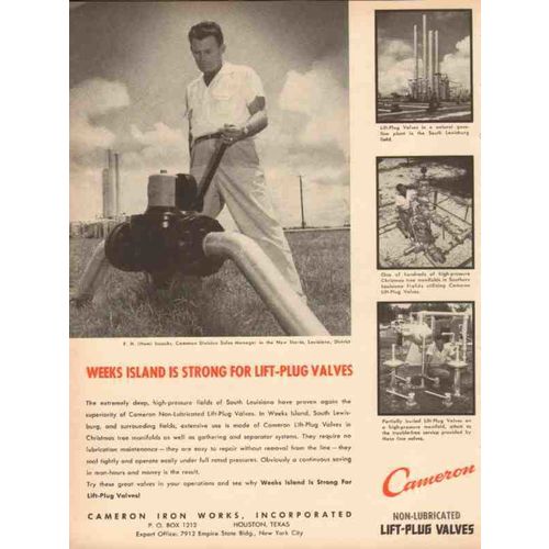 CAMERON IRON WORKS 1953 FH Ham Isaacks lift-plug valves vintage ad
