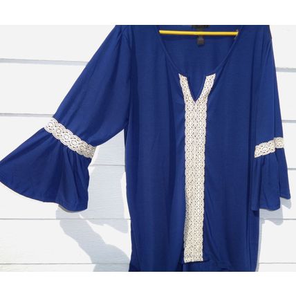 Womens Karen Brooks 2x Top Blue Lace Accent 48 Chest Boho Flare Sleeves