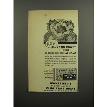 1952 Wakefield's King Crab Meat Ad - Now enjoy the luxury of fabulous king crab