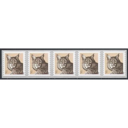 2012 Bobcat 1 Cent Coil Strip 5 Postage Stamps Scott 4672
