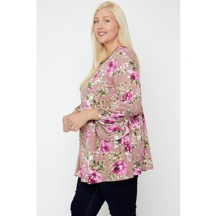 Women's Pink Plus Size Floral Bubble Sleeve Tunic