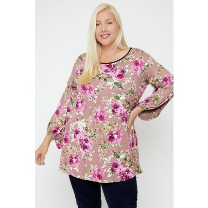 Women's Pink Plus Size Floral Bubble Sleeve Tunic