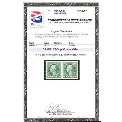 452, Mint XF/Sup NH 1¢ Coil Pair - With Graded 95 PSE Certificate - Stuart Katz