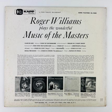 Roger Williams Plays The Wonderful Music Of Masters Vinyl LP Record Album MONO