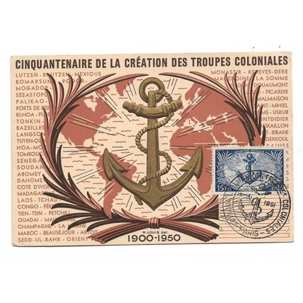 3 postcards French army commemorative Coloniales Leclerc WW2 stamps 1947-1953