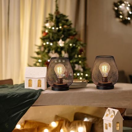 DECORKEY Set of 2 Battery Operated Lamp LED Table Lantern, Brown Metal Cage Cord
