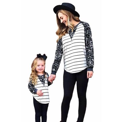 Family Matching Raglan Sleeve Striped Leopard Splicing Women's Top