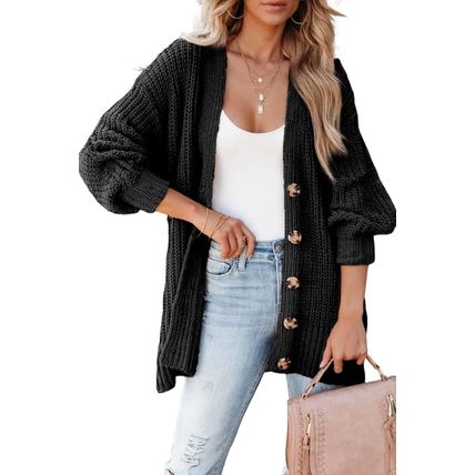 Black Buttoned Front Drop Shoulder Knitted Cardigan