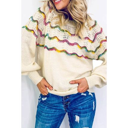 White Wavy Striped Pointelle Bishop Sleeve Sweater
