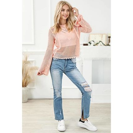 Pink Hollowed Eyelets Knit Bell Sleeve Sweater