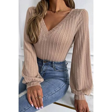 Khaki Knitted Jacquard V Neck Lantern Sleeve Top