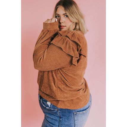 Brown Plus Size Solid Ruffled Tiered Long Sleeve Top