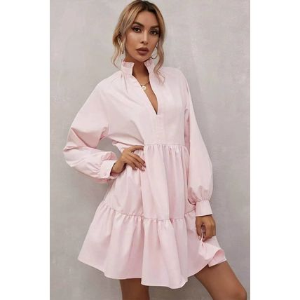 Pink Frilled Stand Collar Long Sleeve Ruffle Dress