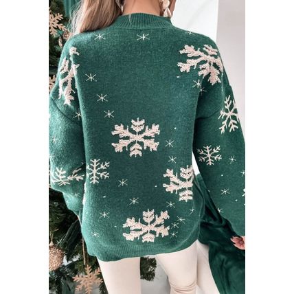 Blackish Green Christmas Snowflake Mock Neck Sweater