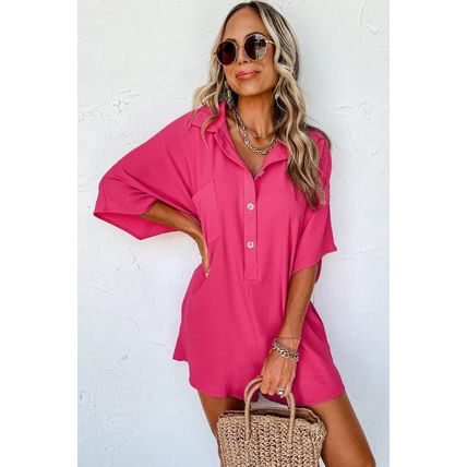 Bright Pink Half Button Collared Loose Romper