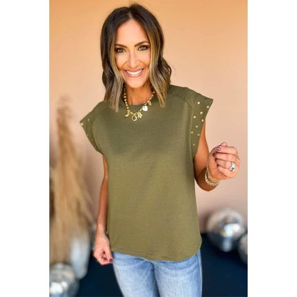 Guacamole Green Studded Short Sleeve Top