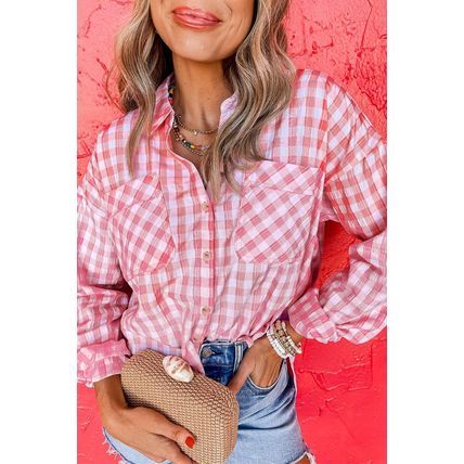 Pink Gingham Print Chest Pockets Buttoned Collared Shirt