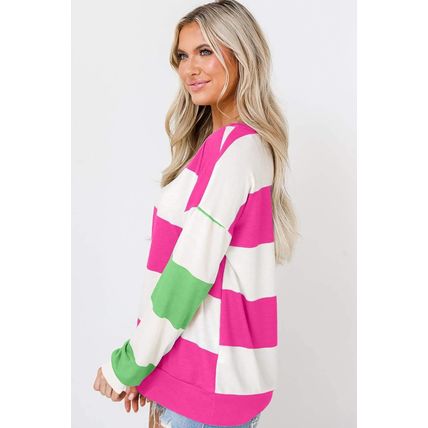 Rose Red Colorblock Striped Drop Shoulder Long Sleeve Top