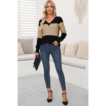Parchment Colorblock Button Decor Long Sleeve V Neck Top