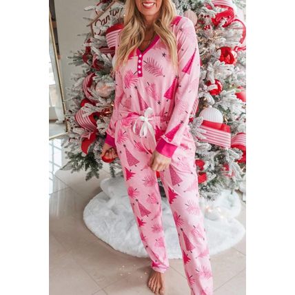 Pink Christmas Tree Print V Neck Buttoned Pullover and Drawstring Pants Lounge S
