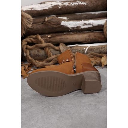 Chestnut Eyelet Buckled Chunky Heel Faux Leather Ankle Boots