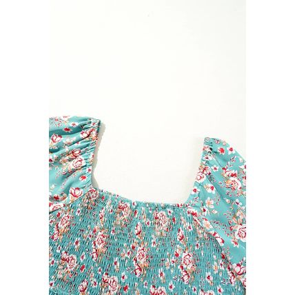 Green Plus Size Floral Print Square Neck Smocked Maxi Dress