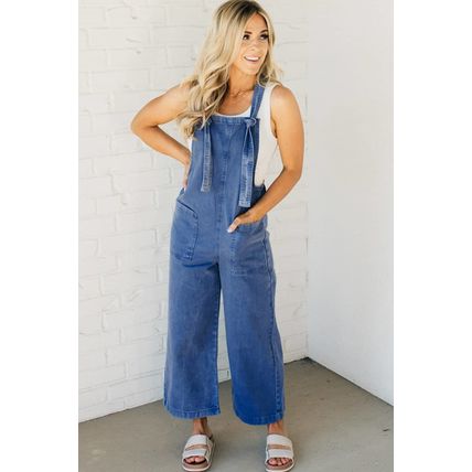 Prussian Blue Mineral Wash Knotted Strap Patched Pocket Wide Leg Denim Overalls