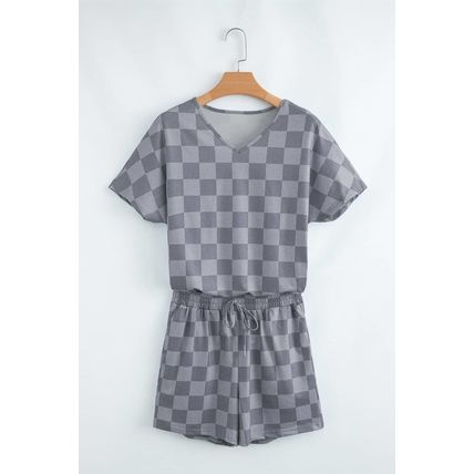 Gray Checkered V Neck Tee Drawstring Shorts Lounge Set
