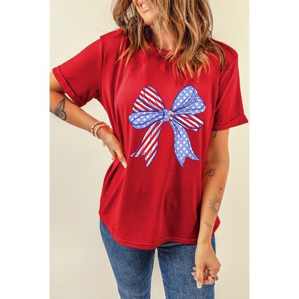 Red American Flag Bow Knot Print Crew Neck T Shirt