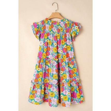 Sky Blue Floral Print Smocked Notch V Neck Flutter Sleeve Mini Dress