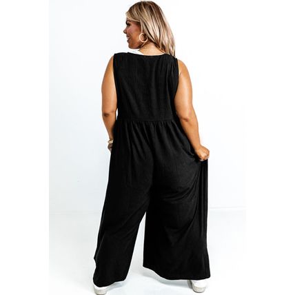 Black Plus Size Sleeveless Button Front Loose Jumpsuit